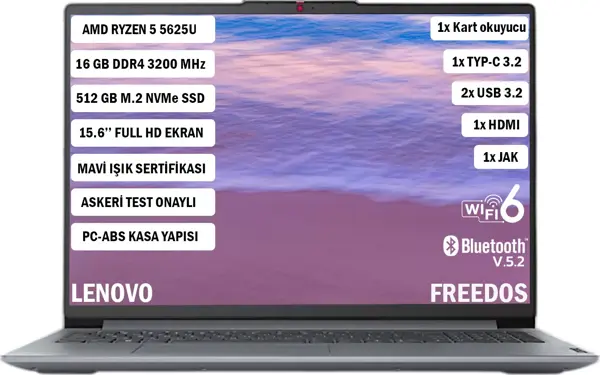 Lenovo Ideapad Slim 3 AMD Ryzen 5 5625U 16GB 512GB SSD Freedos 15.6" FHD Taşınabilir Bilgisayar 82XM00PWTX - Image 1