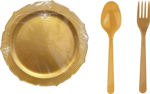 Omeyva 26 Cm. Altın Sorfa Sunum Seti - Sert Mika Plastik - 24 Kişilik Tabak Çatal Kaşık Takımı - Image 1
