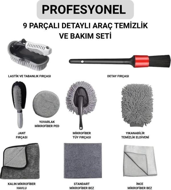 Polham Profesyonel 9 Parçalı Araba, Motorsiklet İçin Detaylı  Araç Temizlik ve Bakım Seti, İç ve Dış Bakım Seti - Image 1