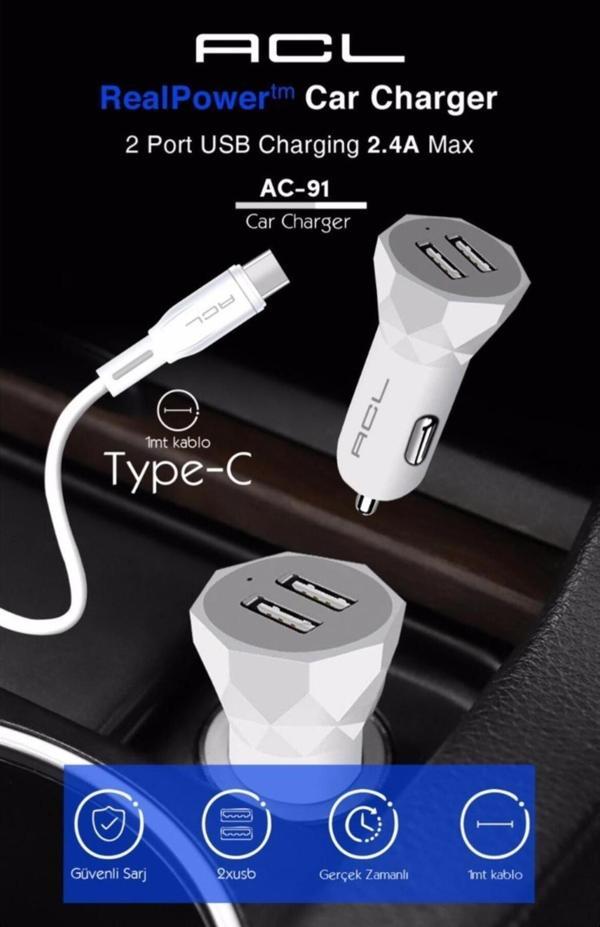 Acl Ac-91 Realpower™ 2.4A Usbx2 Araç İçi Şarj Aleti Type-C Usb Kablolu - Image 1