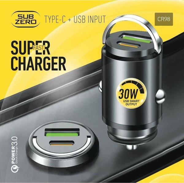 Subzero 30W 3.4A Hızlı Pd+Usb Çıkışlı Metal Mini Araç Şarj Başlığı - Image 1
