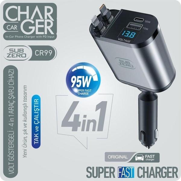 Subzero Cr99 Süper Hızlı 95 W 4İn1 Volt Göstergeli Araç Sarjı - Image 1