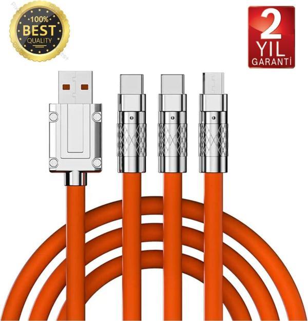 Fioplus Ü1 Arada Işıklı Xıaomi Iphone Micro Type-C Uyumlu 3 Başlıklı 6A 120 W Çelik Hızlı Şarj Kablosu - Image 1