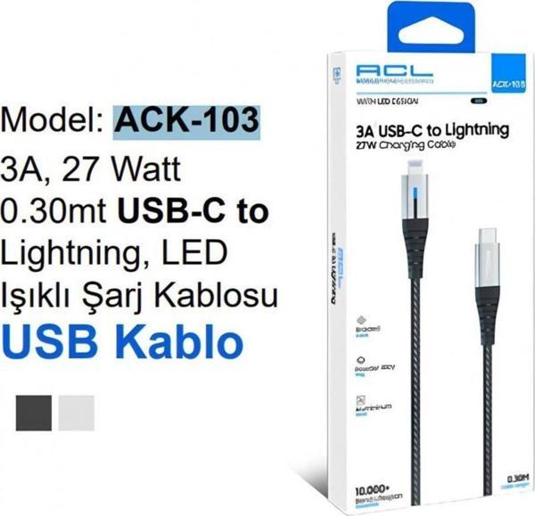 Acl Ack-103 3A, 27 Watt 0.30Mt Usb-C To Uyumlu Lightning Led Işıklı Şarj Kablosu Usb Kablo - Image 1