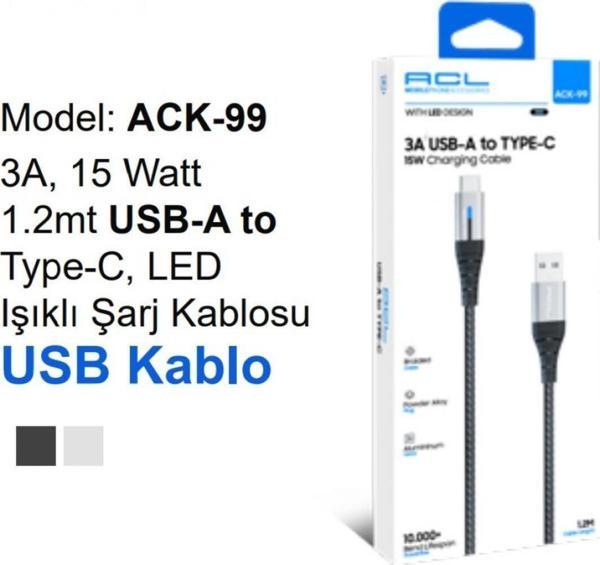 Acl Ack-99 3A 15 Watt 1.2Mt Usb-A To Type-C Led Işıklı Şarj Kablosu Usb Kablo - Image 1