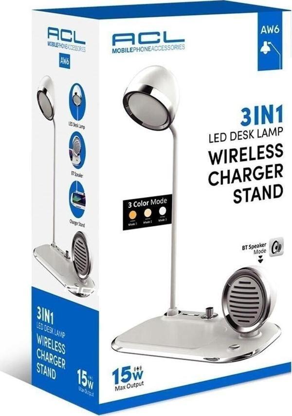 Acl Aw6 3'Ü 1 Arada Kablosuz Şarj Standı | Masa Lambası & Bluetooth Hoparlör | 15W Hızlı Şarj - Image 1