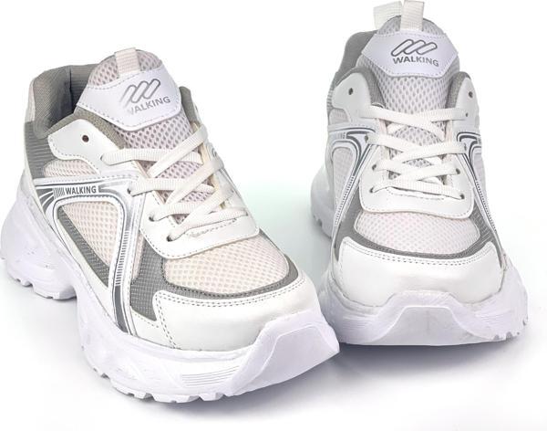 Kadın Beyaz Gümüş Hafif Fileli Günlük Rahat Sneaker Spor Ayakkabı - Image 1