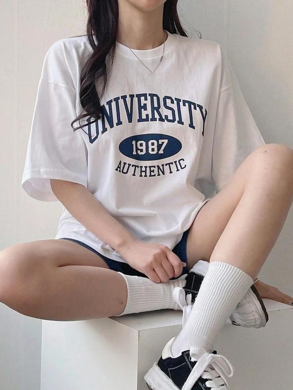 Kadın Tişört Baskılı Uzun T-shirt Pamuklu Oversize Tişört UNIVERSİTY-KADIN - Image 1