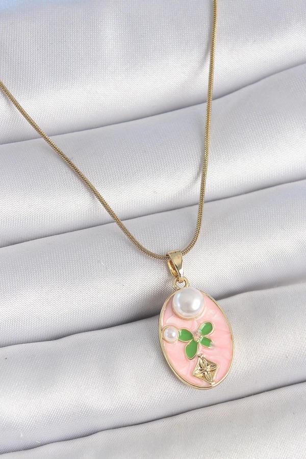 Celira Çelik Gold Renk Zincir Pembe Mineli Oval İncili Çiçek İşlemeli Portre Model Kadın Kolye - Image 1
