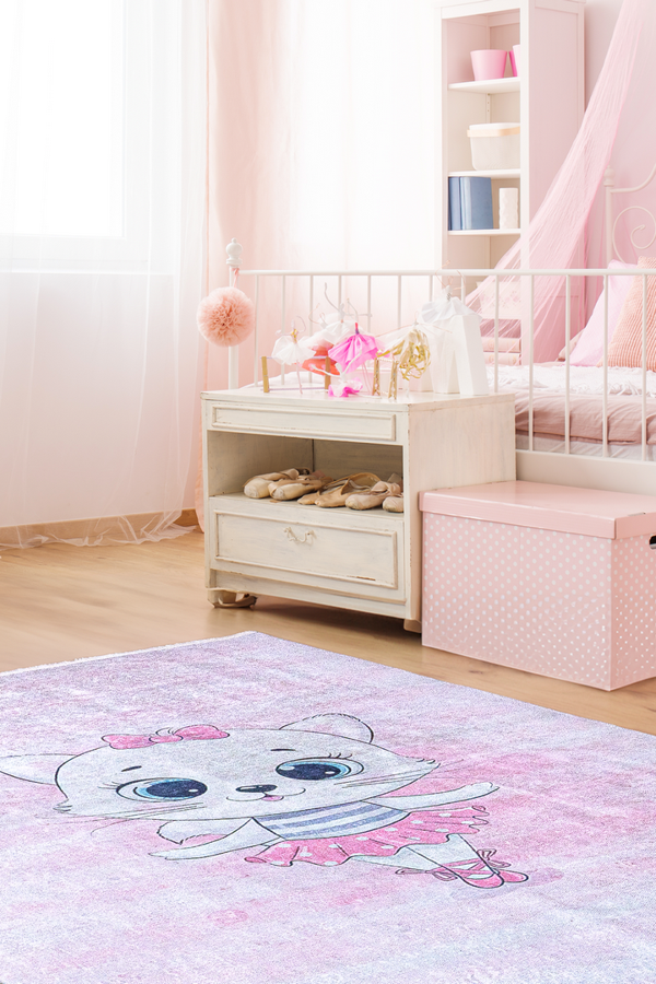 Alpina Home Lavin Balerin Kedi Figürlü Yıkanabilir Dokuma Taban Çocuk Odası Kilimi - Image 1