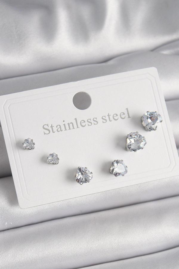 Zarif Kadın için Silver Çelik Zirkonlu Kalp Küpe Seti - Image 1