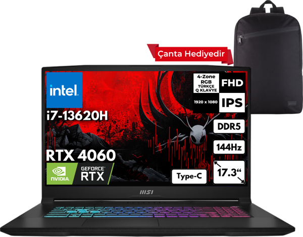 MSI KATANA 17 i7-13620H 32-GBDDR5 4 TBSSD RTX4060 (8GB-105W) 17.3" FHD 144Hz Freedos + Sırt Çantası B13VFK-1037XTRHMF10 - Image 1