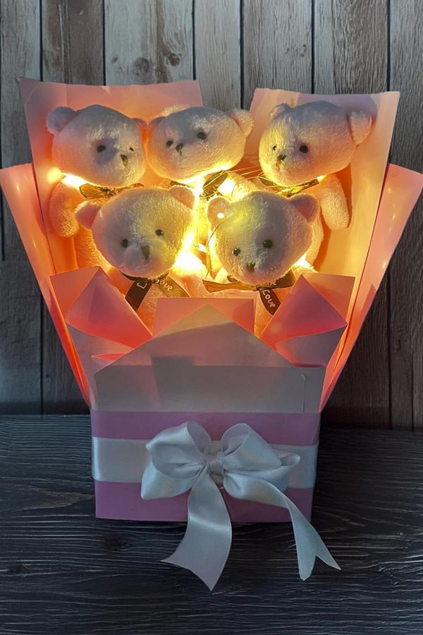 Premium LED Işıklı Romantik Pembe Peluş Ayıcık Buketi - Image 1