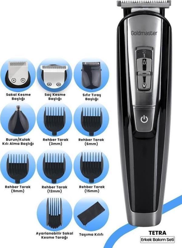 GoldMaster Tetra 11 In 1 Islak Kuru Hızlı Şarj Lityum Batarya Çelik Bıçaklı Taşıma Kılıflı Erkek Bakım Seti - Image 1