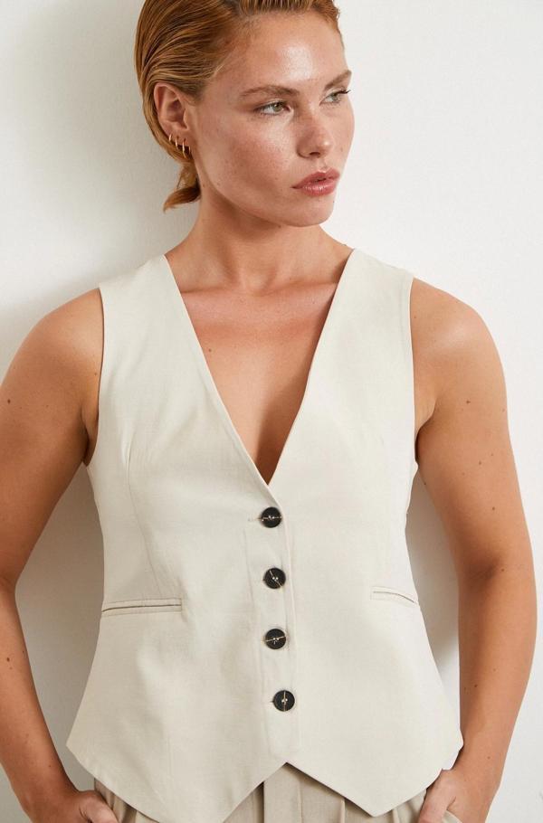 Cep Kapaklı Keten Yelek Krem - Image 1