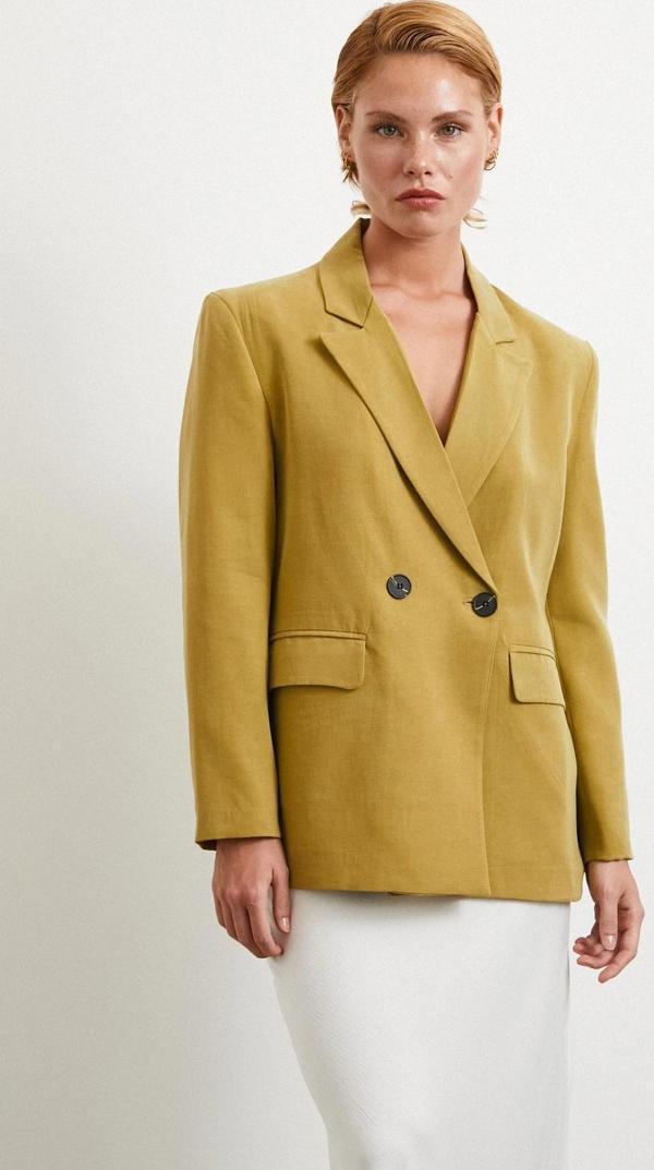 Çift Düğmeli Keten Blazer Ceket Olive - Image 1