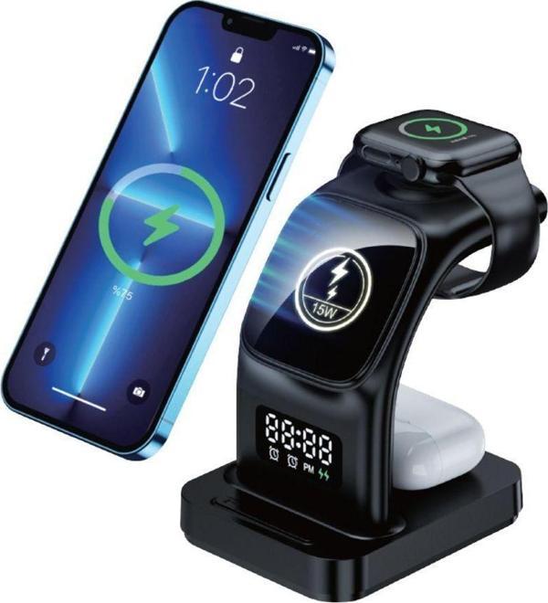 Dexim 5 İn 1 Magsafe Wireless Kablosuz Şarj Cihazı Apple İphone Uyumlu & Alarmlı Saat & Gece Lambası Siyah - Image 1