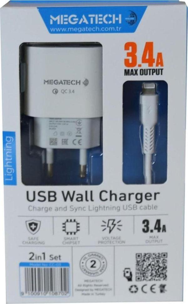 Megatech Cc-03 3.4A Lightning Usb Kablo + Ev Şarj Adaptörü Hızlı Şarj  - Image 1