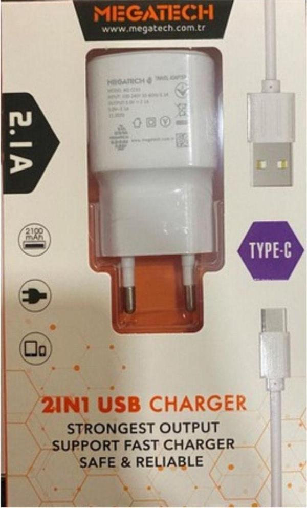 Megatech Mt-Ct1 2.1A 2In1 Typc-E Ev Şarj+Type-C Kablo  - Image 1