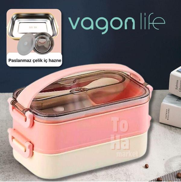 Vagonlife Lunch Box 700Ml Paslanmaz Çelik Çift Katlı Kaseli Vgn-465 Pembe - Image 1