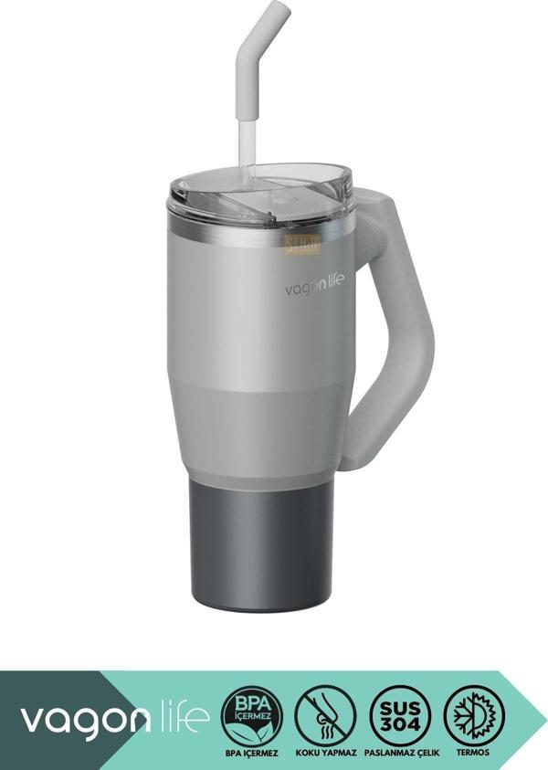 Vagonlife Tumbler 950Ml Yeni Koleksiyon Pipetli/Pipetsiz Kullanım Fonksiyonel Kulplu Paslanmaz Çelik Termos Gri - Image 1