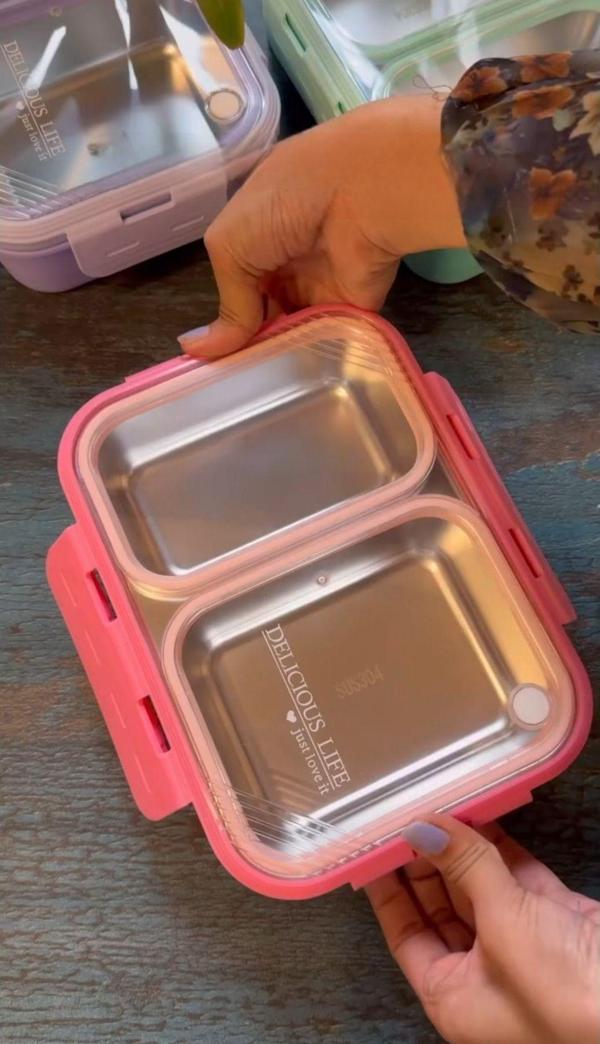 Vagonlife 2 Bölmeli Paslanmaz Çelik Yemek Termosu & Sefertası |Kaşık Ve Chopstick Hediyeli Pembe - Image 1