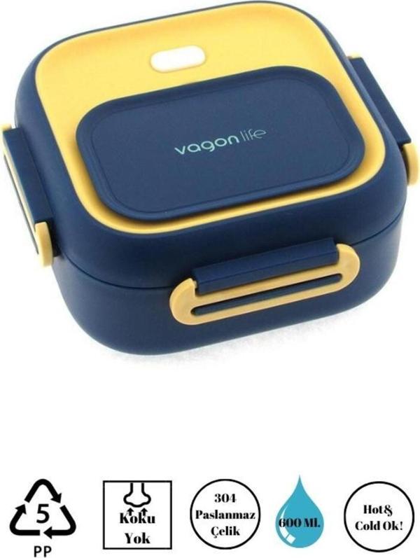 Vagonlife Square Lunch Box Tek Katlı Paslanmaz Çelik Kolay Kilitlenir Sefer Tası – 600 Ml Lacivert - Image 1