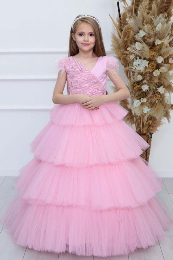 Kız Çocuk Gövdesi İnci Taş İşlemeli Kat Kat Tüllü Kolsuz Pembe Abiye - Image 1