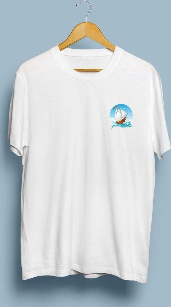 Oversize Yelkenli Cep Logo Baskılı Unisex T-shirt - Image 1