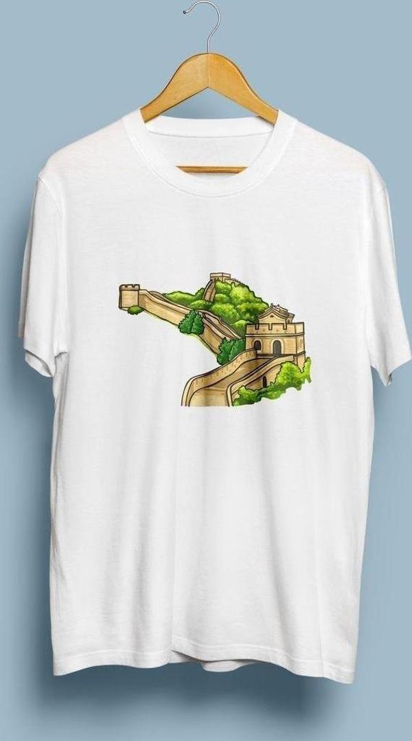 Oversize Çin Seddi Renkli Çizim Baskılı Unisex T-shirt - Image 1