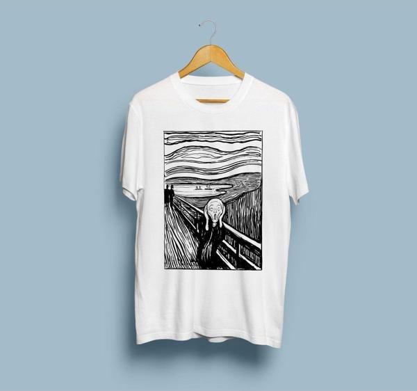 Oversize Siyah-Beyaz Çığlık Tablosu Çizim Unisex T-shirt - Image 1