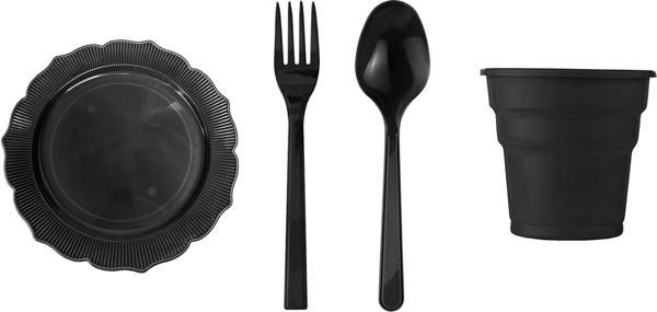 Omeyva 23 cm. Mika Plastik Siyah Piknik Seti - 24 Kişilik Tabak Bardak Çatal Kaşık Takımı - Image 1