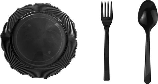 Omeyva 26 Cm. Siyah Sorfa Davet Seti - Sert Mika Plastik - 48 Kişilik Tabak Çatal Kaşık Takımı - Image 1