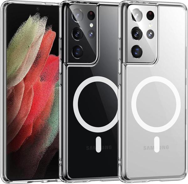Samsung Galaxy S21 Ultra Uyumlu Kamera Korumalı Magsafe Wireless Şarj Özellikli Şeffaf Silikon Kılıf - Image 1