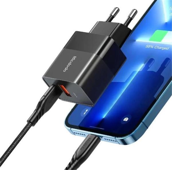 MCDODO CH-1952 20W 1xType-C ve 1xUSB Girişli Şarj Adaptörü + Type-C To iPhone Kablo - Siyah - Image 1