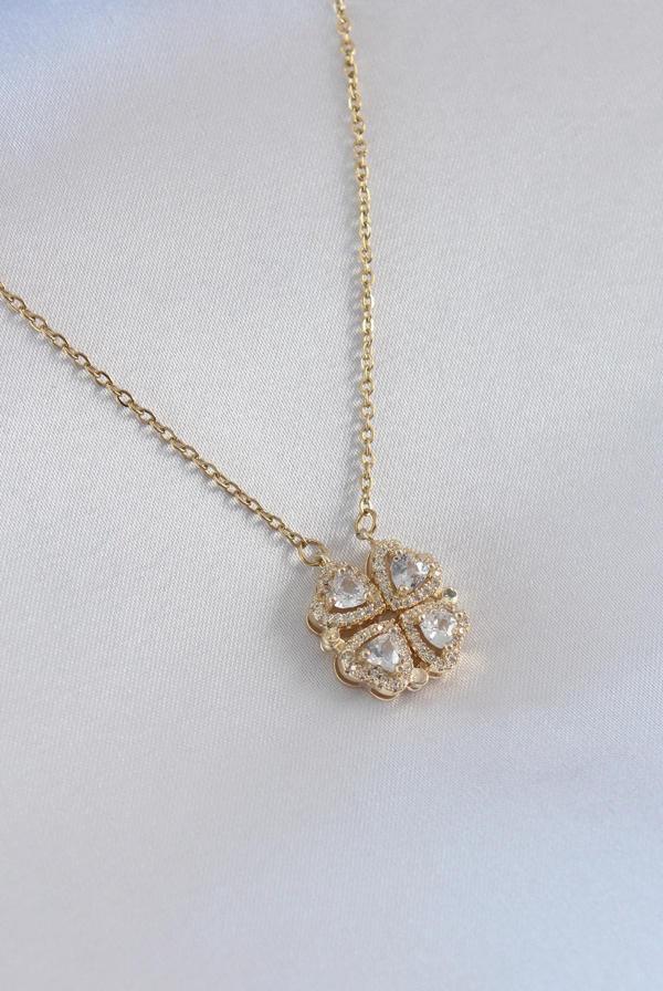 Açılır Yonca Model Zirkon Taşlı Gold Renk Kadın Kolye - BKO7229-ST - Image 1