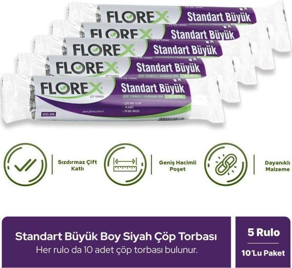 Florex Standart Büyük Boy Siyah Çöp Poşeti X 5 Rulo - Image 1