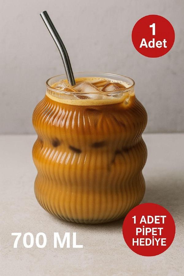 1 Adet Set Cam Buzlu Soğuk Kahve Bardağı + Cam Pipet Hediyeli 700 ml - Image 1