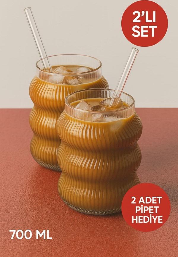 2 Adet Set Cam Buzlu Soğuk Kahve Bardağı + Cam Pipet Hediyeli 700 ml - Image 1