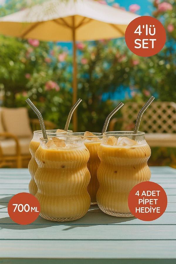 4’lü Set Cam Buzlu Soğuk Kahve Bardağı + Cam Pipet Hediyeli 700 ml - Image 1