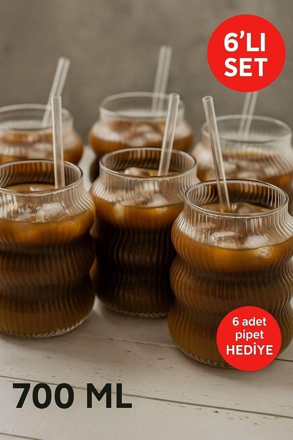 6’lı Set Cam Buzlu Soğuk Kahve Bardağı + Cam Pipet Hediyeli 700 ml - Image 1