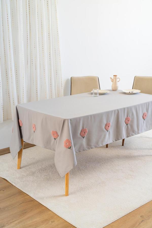 Florita Gri Punch İşlemeli Dertsiz Leke Tutmaz Masa Örtüsü 160x220 cm - Image 1