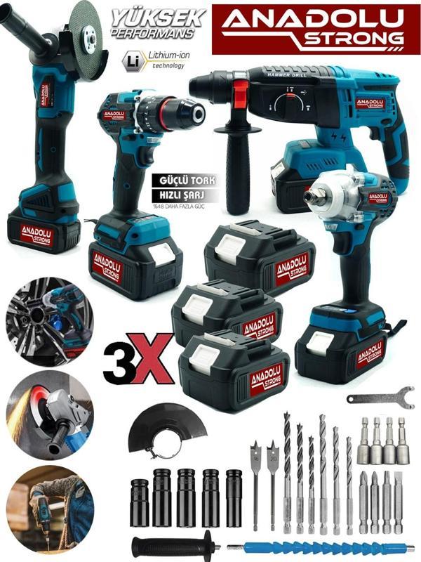 Anadolu Strong TR-1453 4'Lü Set Şarjlı Kömürsüz Motor Matkap Vidalama Kırıcı Delici Hilti Taşlama So - Image 1