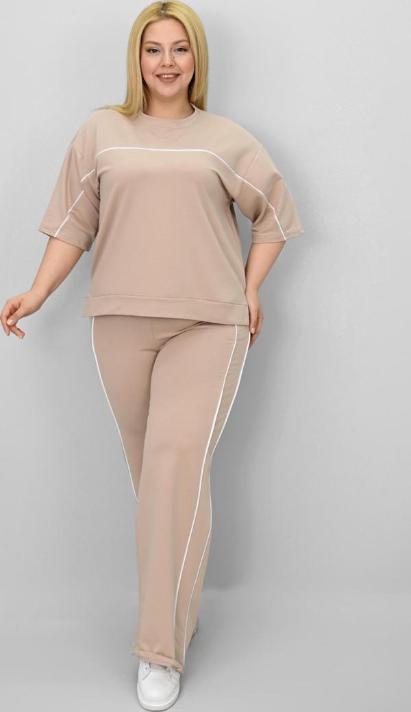 Kadın Büyük Beden Kısa Kollu Ara Biye Detaylı Bol Paça Eşofman Takımı 8189-25 - Image 1