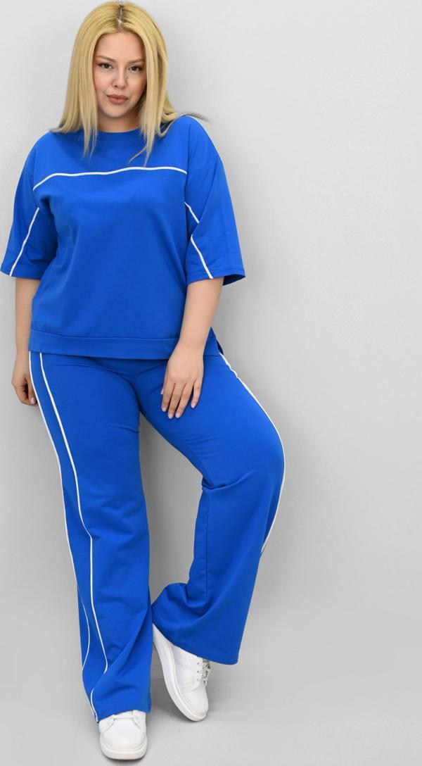 Kadın Büyük Beden Kısa Kollu Ara Biye Detaylı Bol Paça Eşofman Takımı 8189-25 - Image 1
