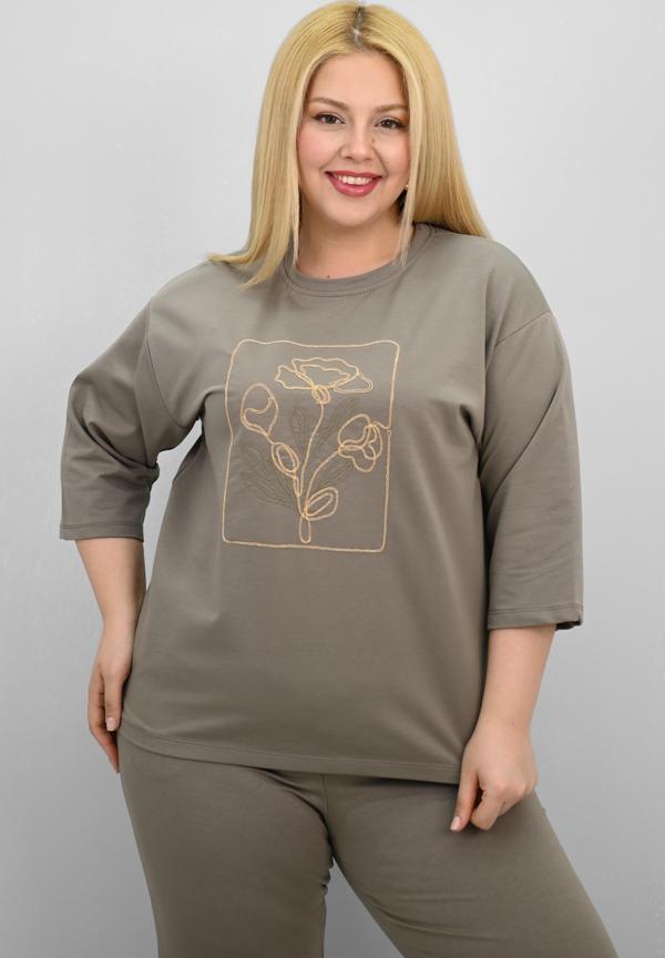 Kadın Büyük Beden Kısa Kollu Çiçek İşlemeli Eşofman Takımı 8199-25 - Image 1