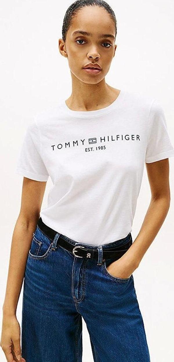 Tommy Hilfiger REG CORP LOGO C-NK SS Kadın Beyaz Badi WW0WW40276YCF - Image 1