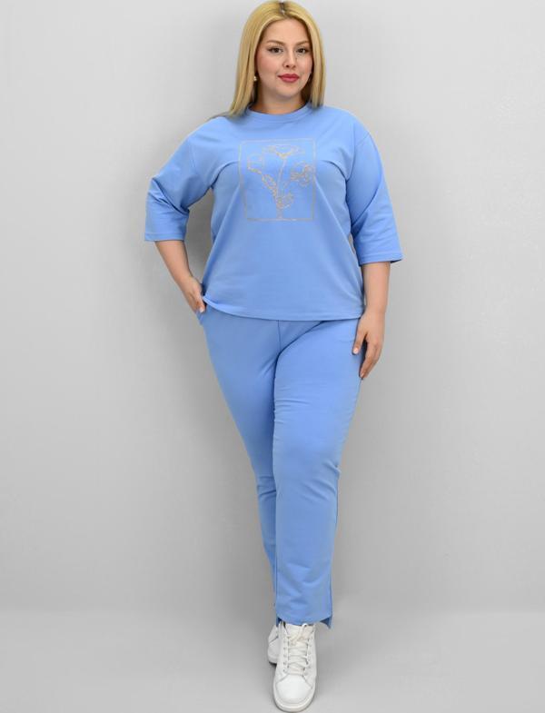 Kadın Büyük Beden Kısa Kollu Çiçek İşlemeli Eşofman Takımı 8199-25 - Image 1