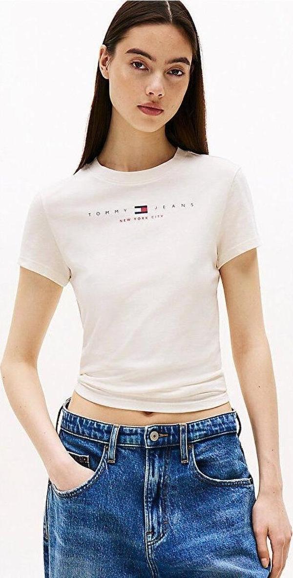 Tommy Jeans TJW SLIM TJ US LINEAR SS TEE Kadın Beyaz T-shirt DW0DW21422YBH - Image 1