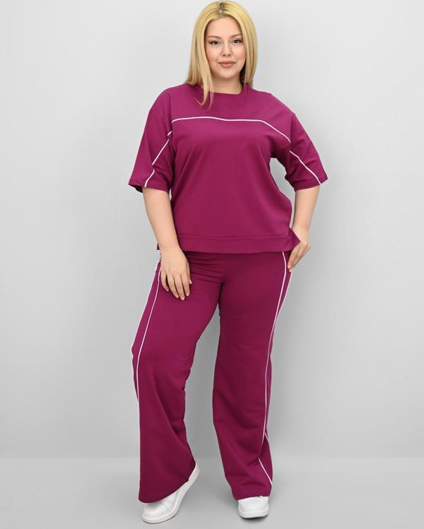 Kadın Büyük Beden Kısa Kollu Ara Biye Detaylı Bol Paça Eşofman Takımı 8189-25 - Image 1
